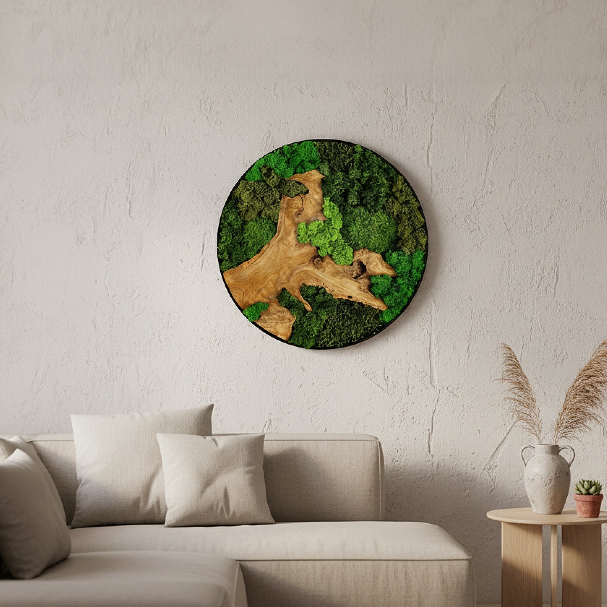 Moosbild Wandkunst; Islandmoos, Rentiermoos, Kugelmoos, Chinesische Spießtanne Wurzel Holz; Wohnzimmer